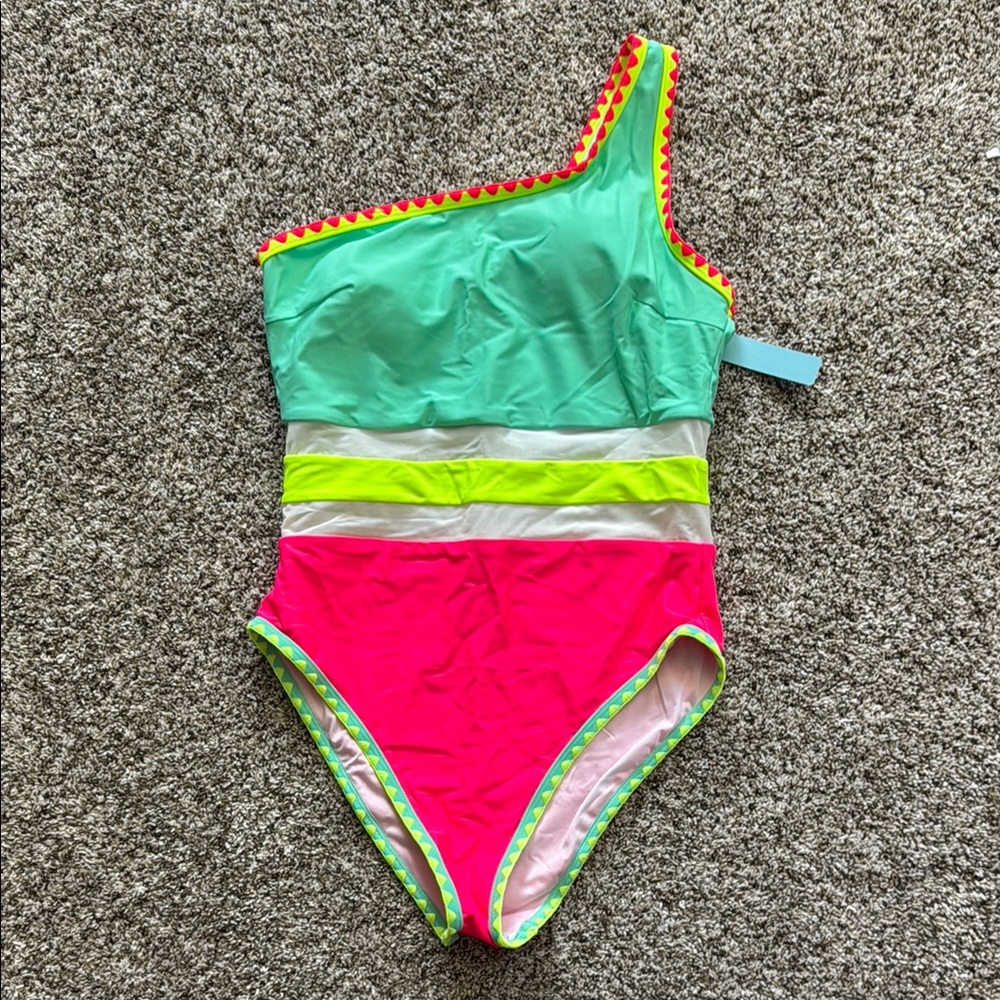 Vibrant Green and Pink One-Shoulder Swimsuit